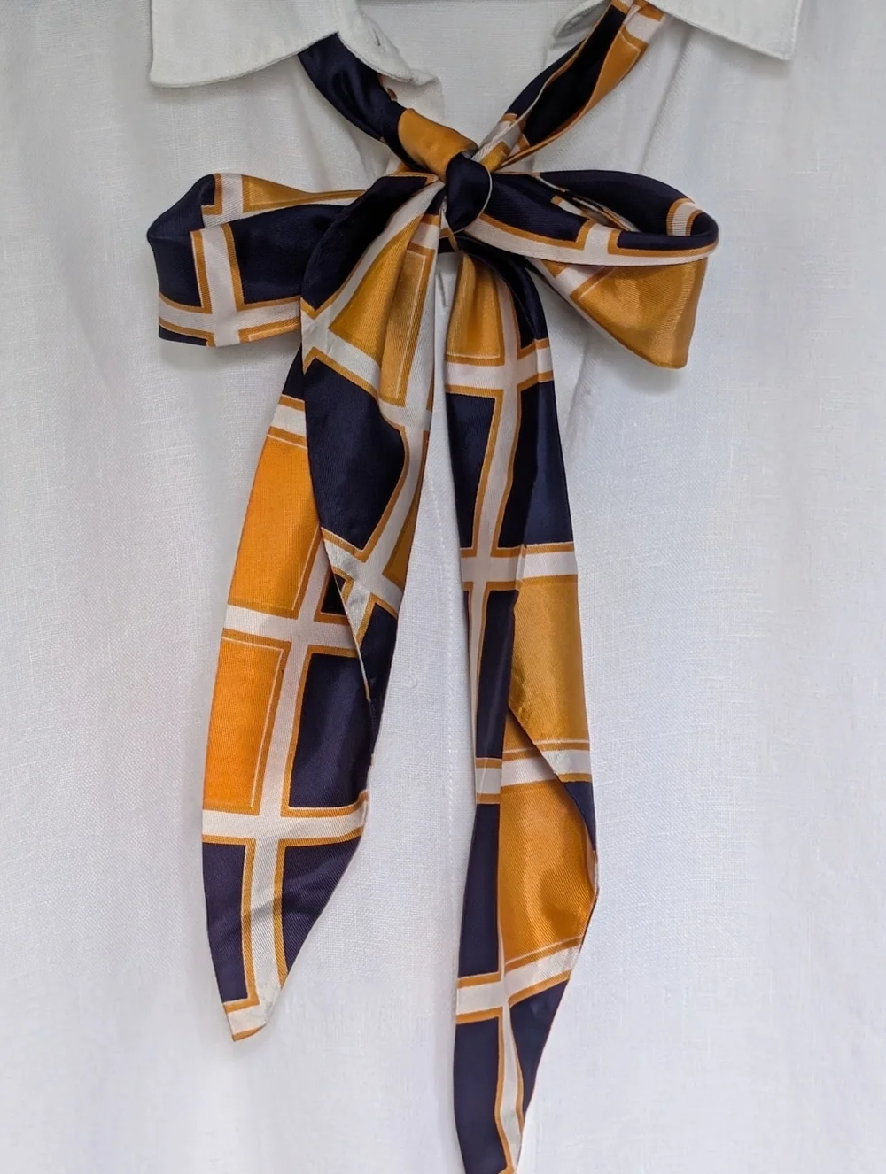 Navy and Gold Bow Scarf 1970's Vintage Poly Blend Office Professional Unique